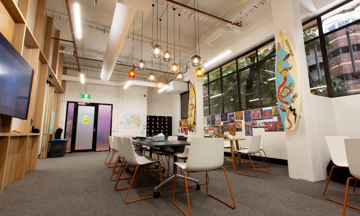 Open study space with indigenous artwork