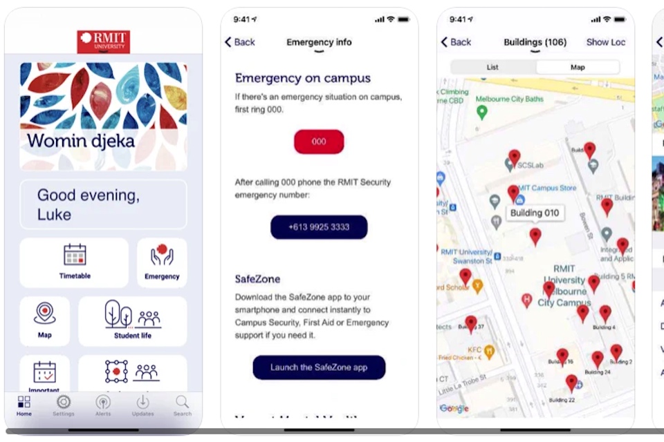 Screenshot of RMIT App showing homepage and campus map feature.