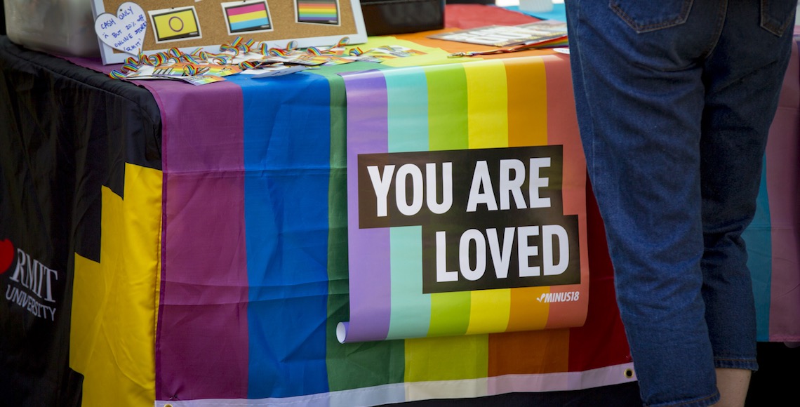 Rainbow poster with text 'You are loved'.
