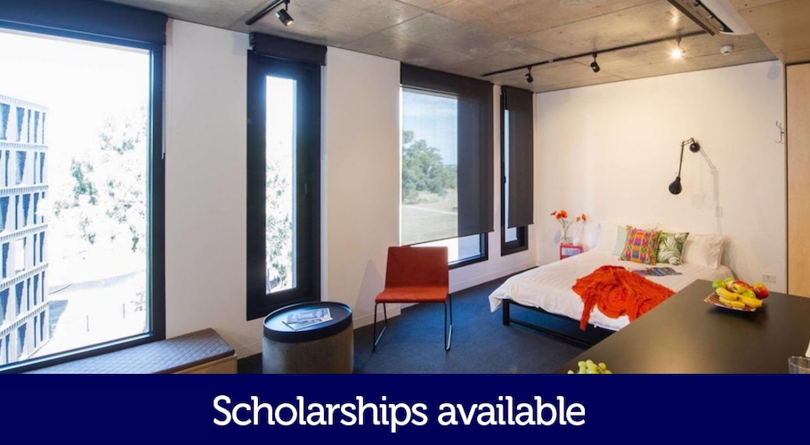Photo of student accommodation with the caption 'Scholarships available'.
