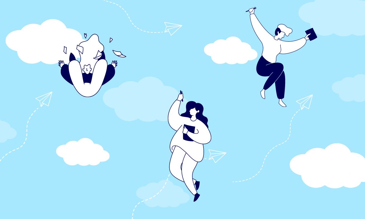 Stock image: Illustrated people in the sky with clouds in the background