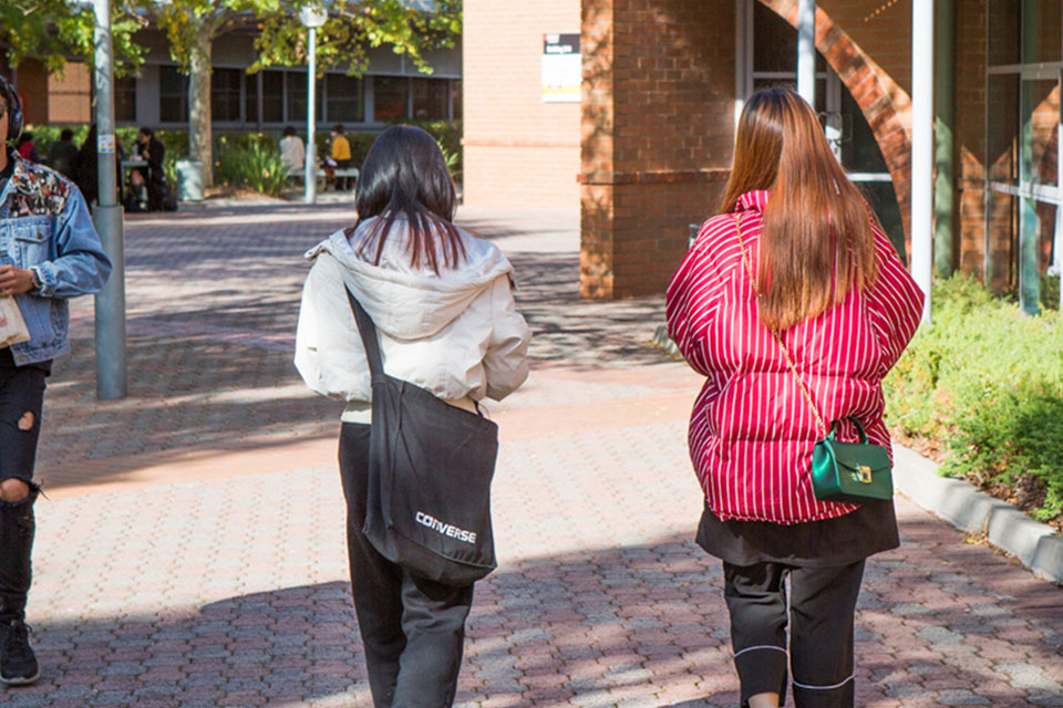 Two students walking at the Brunswick campus