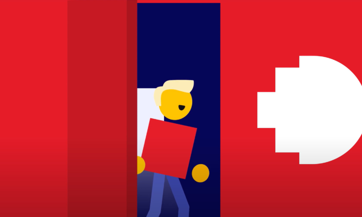 Illustration of a yellow person with blonde hair carrying a red square, walking through an open red door with a large white RMIT logo on a red background.