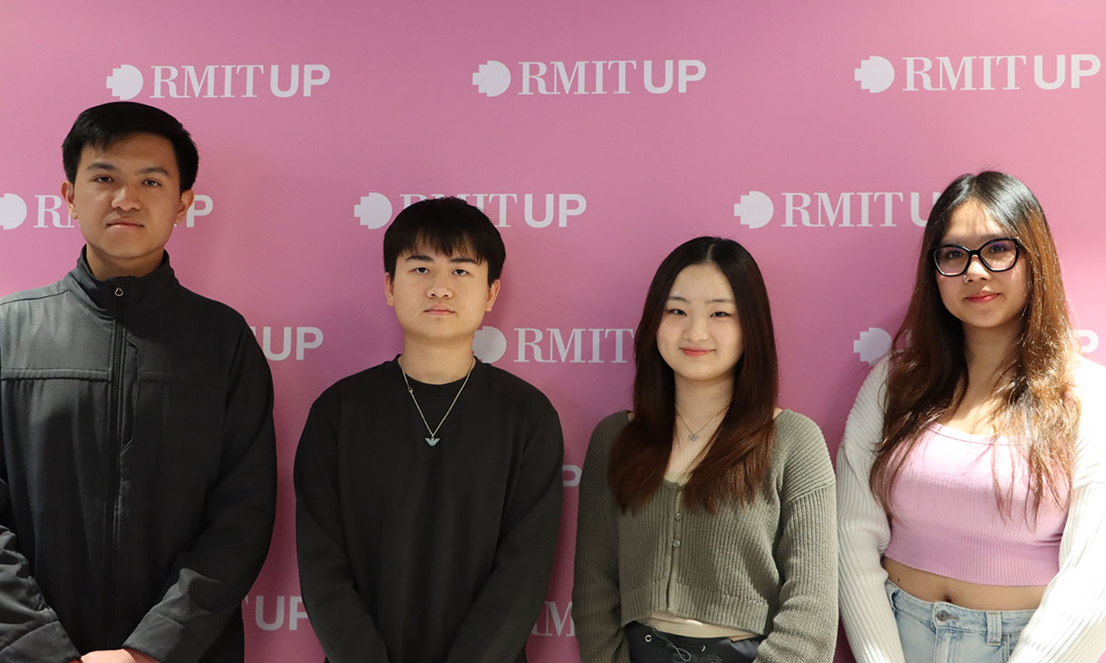 From left to right: Award for Academic Excellence recipients Nicole Lee, Joan Zi Ying Kwong, Lygech Sea, RMIT UP CEO Jake Heinrich, Hamyar Al Shekaili and Turki Ali Moosa Al Hussaini.