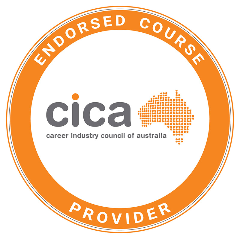 Endorsed Course Provider; CICA - Career Industry Council of Australia. Orange circular logo with pixel-dots map of Australia to the right of text element.