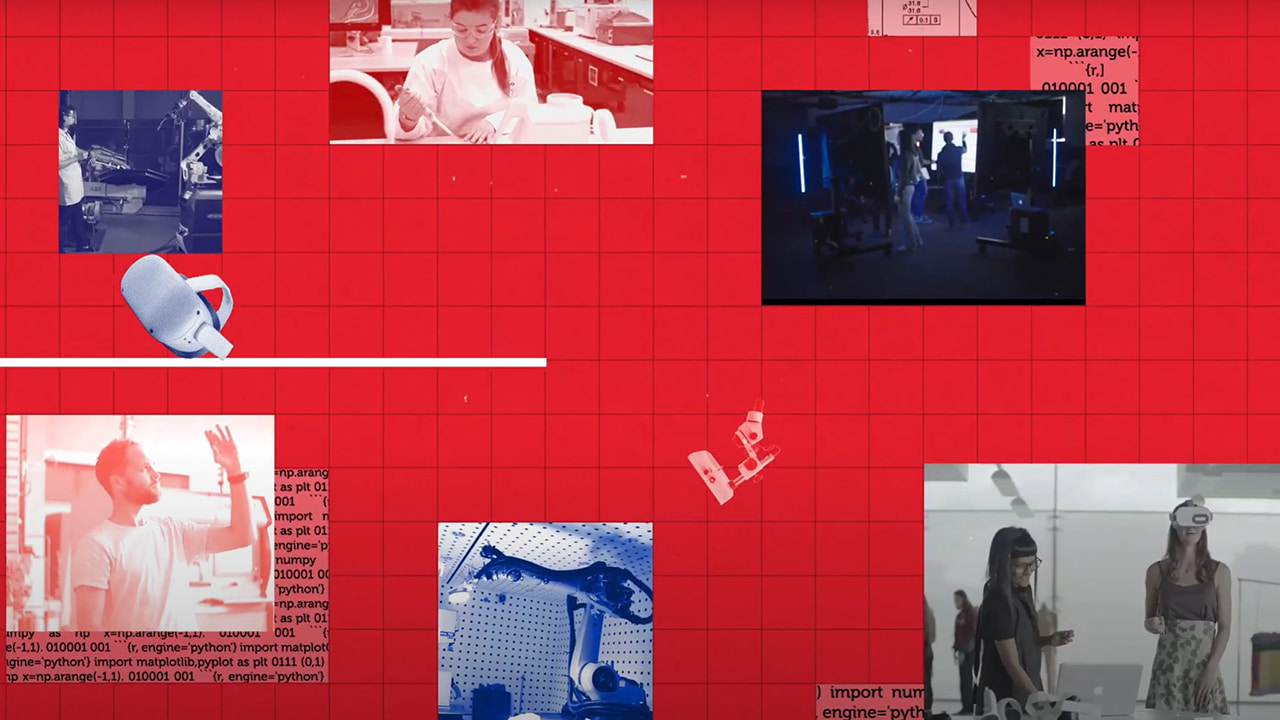 Collage of student images against red grid background