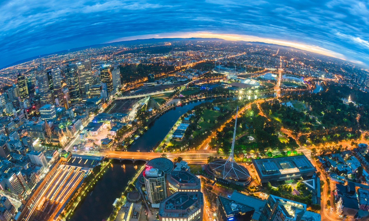 Aerial view of Melbourne through a fisheye lens