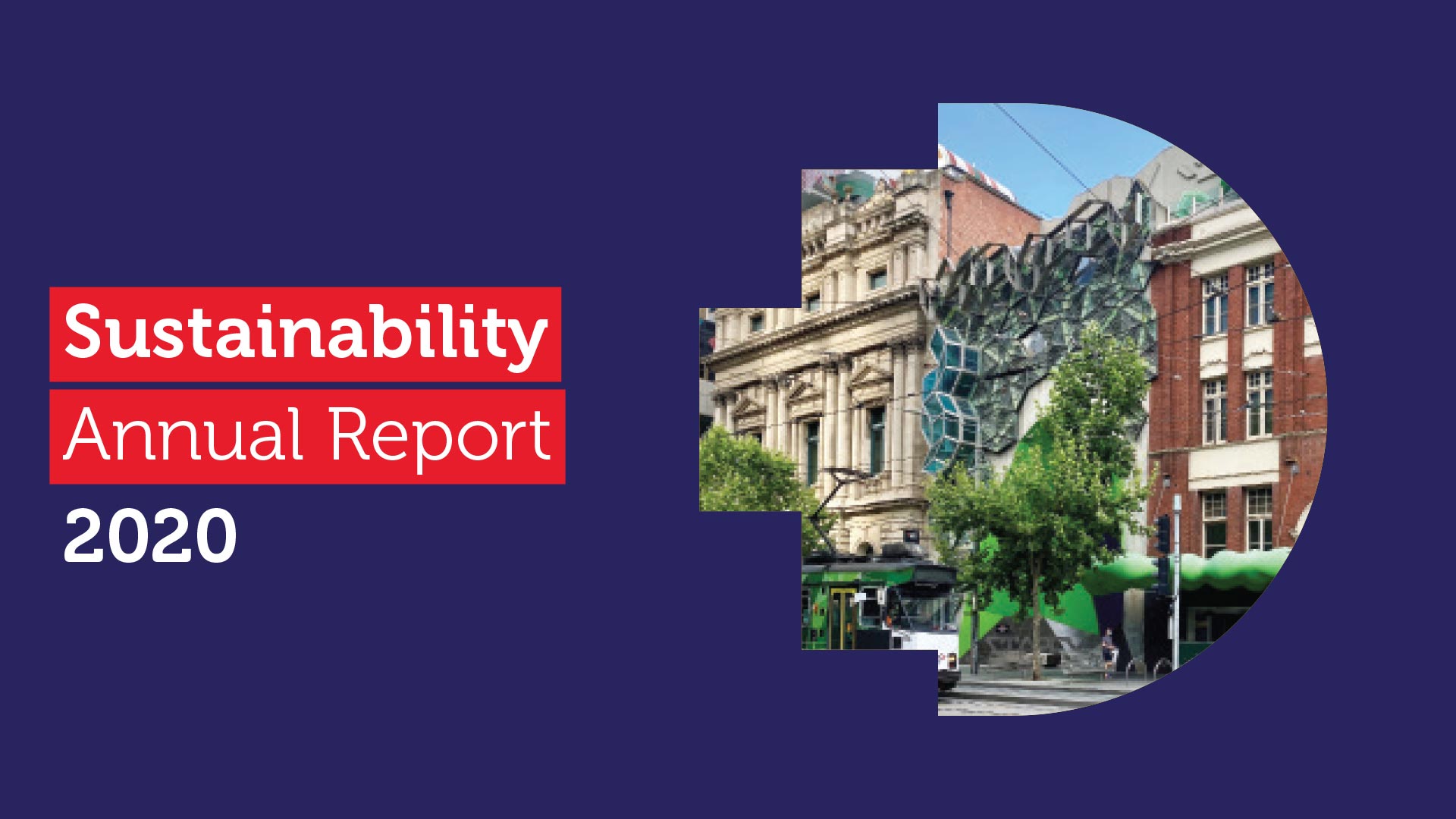 RMIT pixel on a blue background with the words 'Sustainability Annual Report 2020'