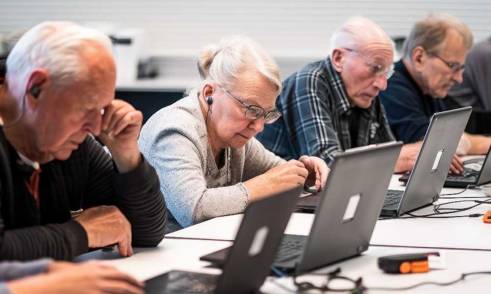 Row of elderly people looking studious in front of laptops