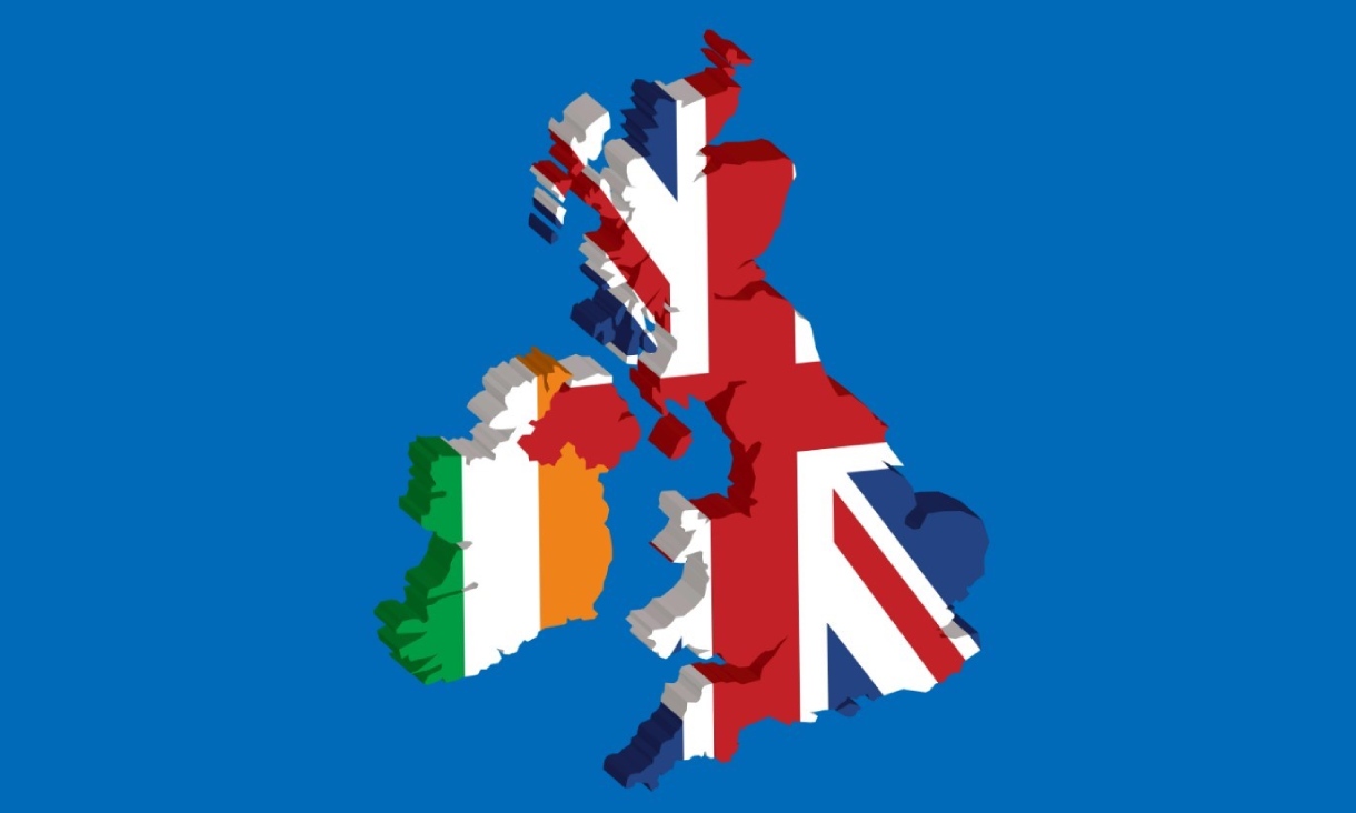 stylised map of the united kingdom with 3D extrusion showing union jack and irish flags
