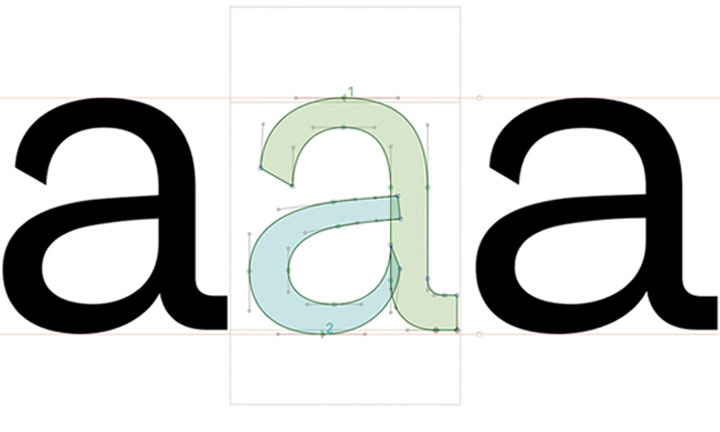 Design drawing of 3 equally spaced, designed, lowercase "a", in a serif font