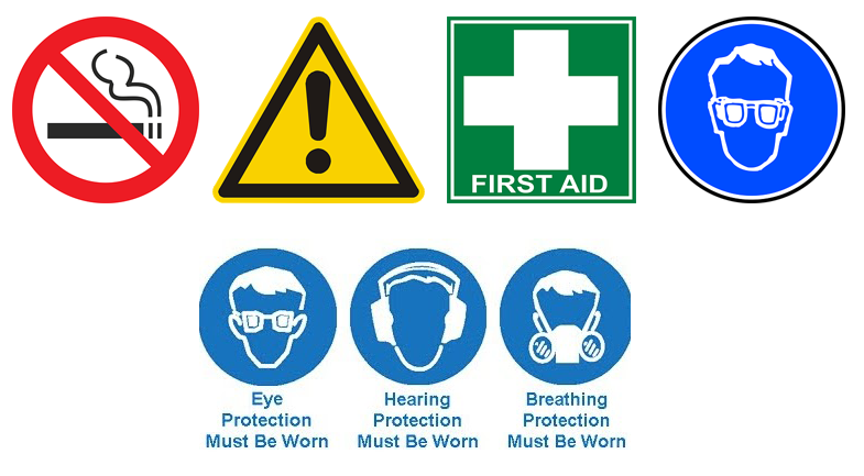Examples include No Smoking, First Aid and Protective Eyeware.