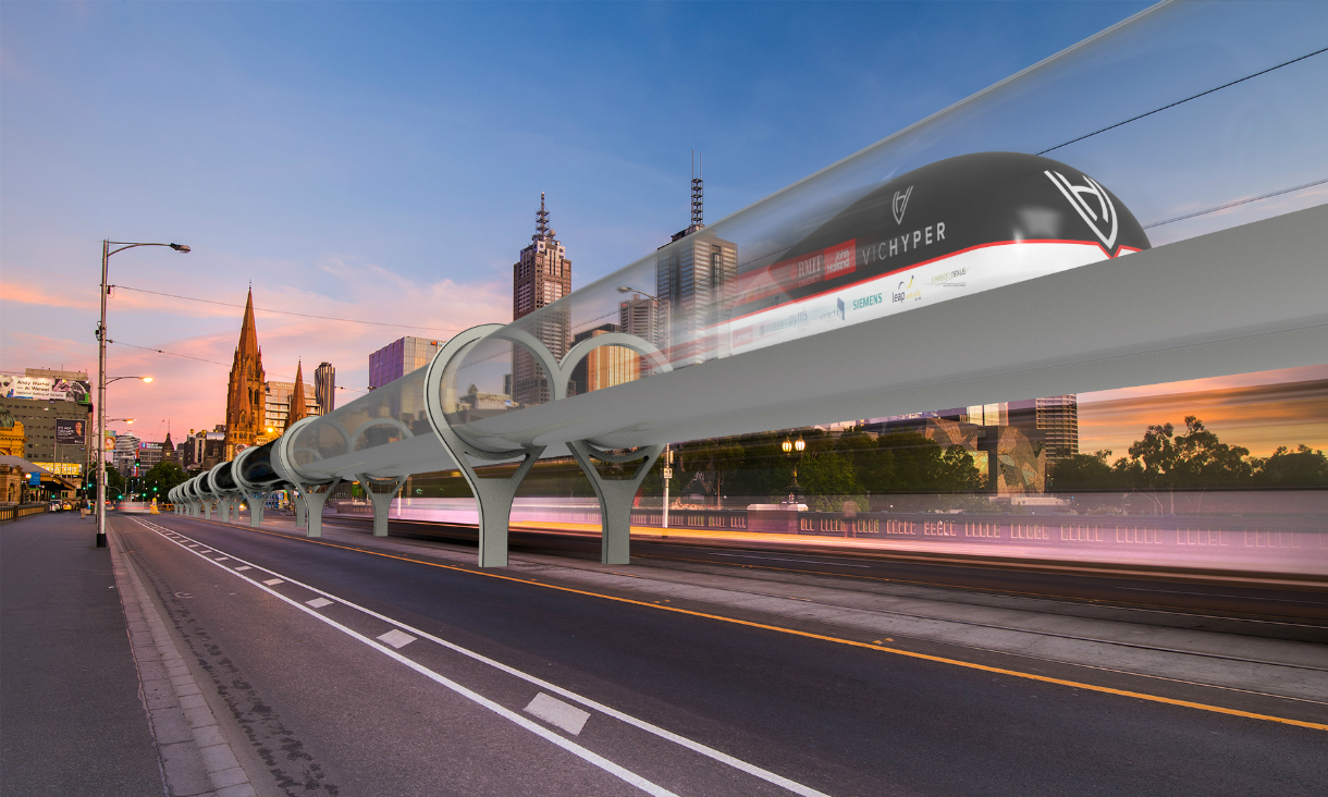 Artist illustration of Hyperloop pod on Swanston St, Melbourne