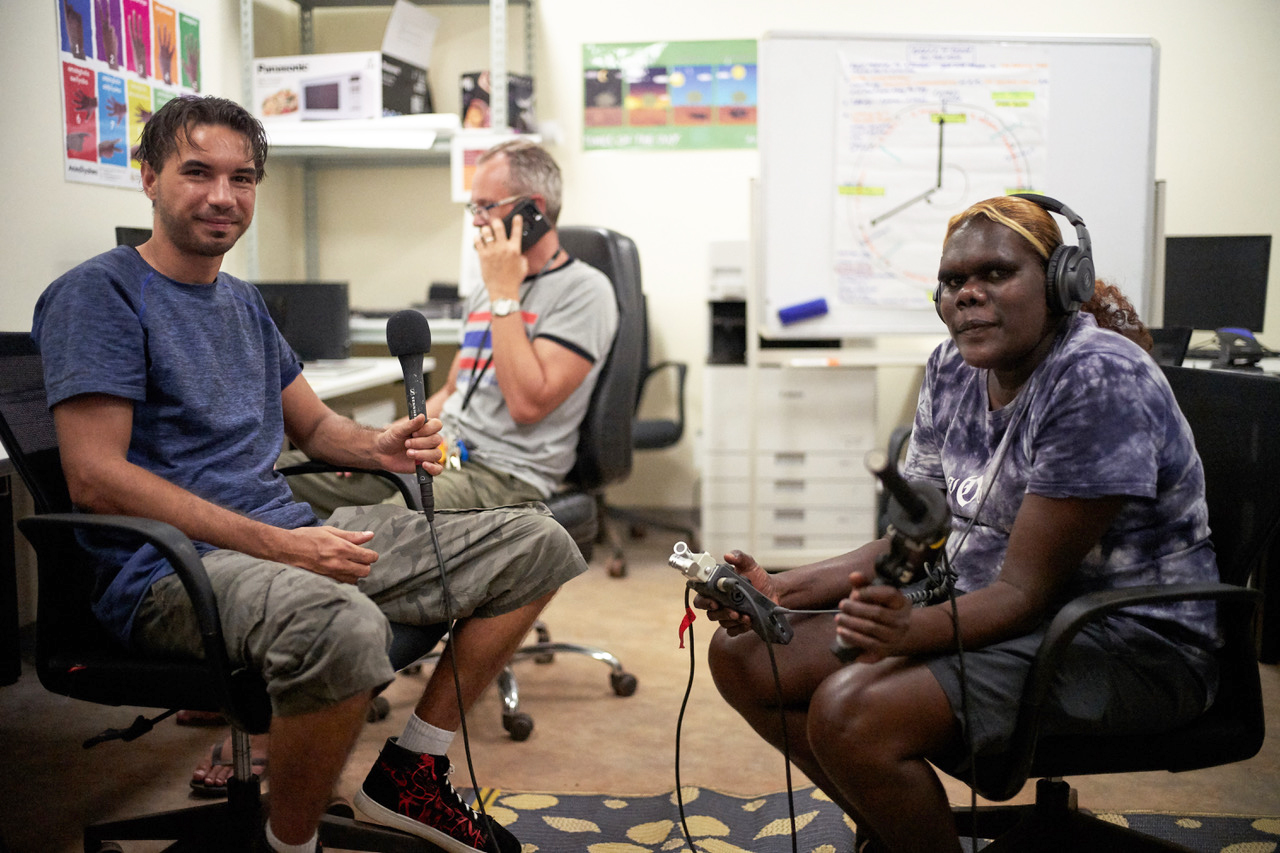 Amethea interviews Michael on Groote Eylandt, in Australia's Top End, for the Disconnect podcast. Credit: Ben Ward.