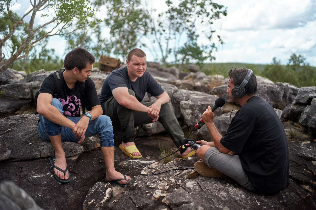 Michael from inDigiMOB interviews Trevor and Jasper on Groote Eylandt, in Australia's Top End, for the Disconnect podcast. Photo: Ben Ward