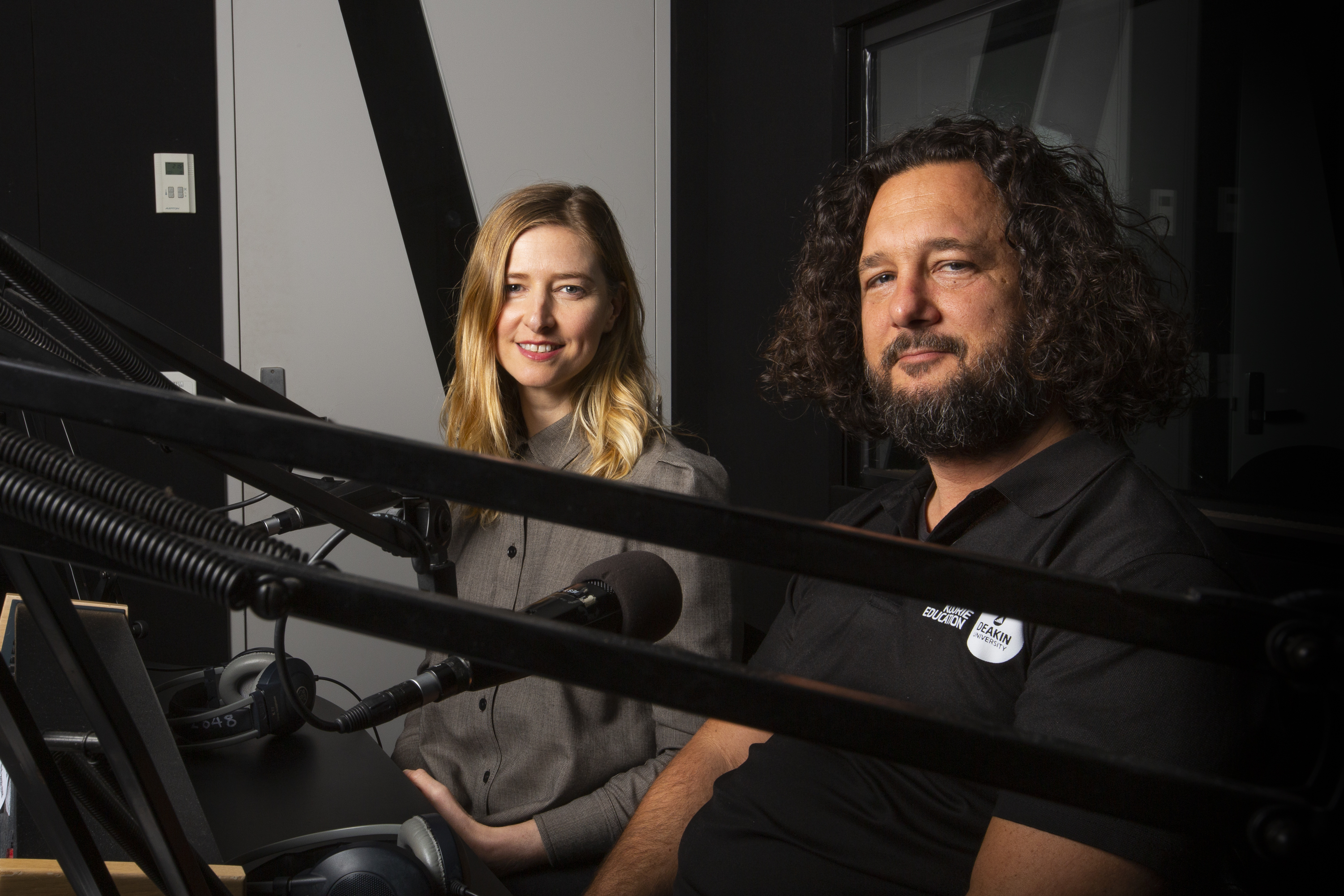 Disconnect podcast co-hosts Ellie Rennie and Tyson Yunkaporta in the studio.