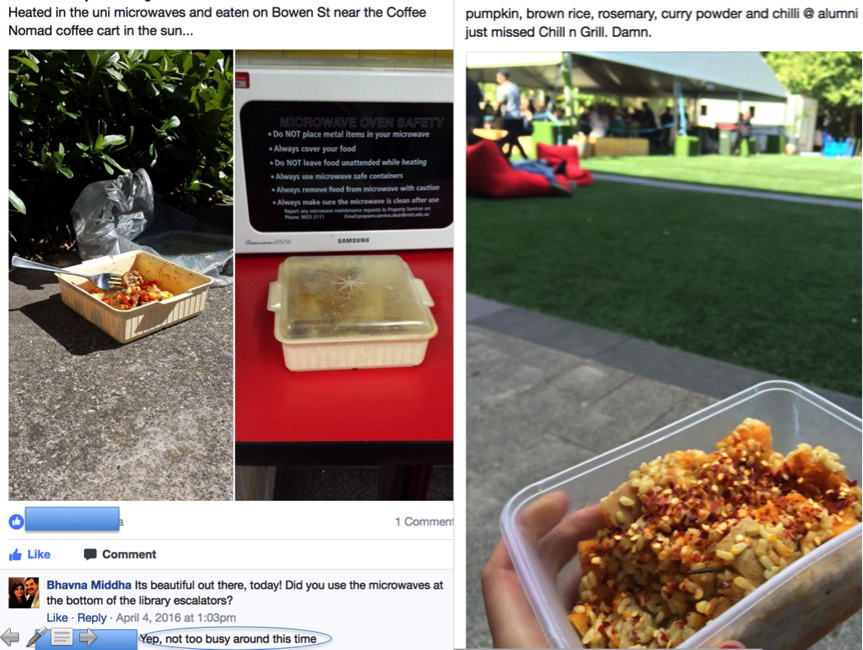  Students' food selfie posts show how they coordinate their routines with events and peak hours on campus. 