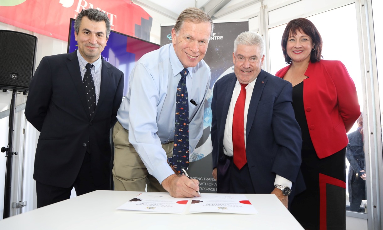 RMIT Associate Dean of Engineering, Aerospace Engineering and Aviation, Professor Pier Marzocca; ATSB Commissioner Chris Manning; RMIT Vice-Chancellor and President Martin Bean CBE; and ATSB Program Advisor Linda Spurr at the Strategic Partnership Agreement signing.