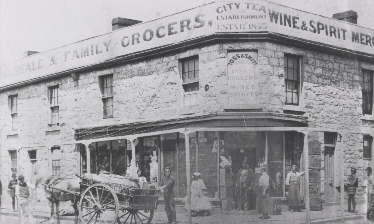Ross & Smith Family Grocers / Wines / Spirits, Gertrude Street, Collingwood 1861 (Photo by Davies & Co., State Library of Victoria). 