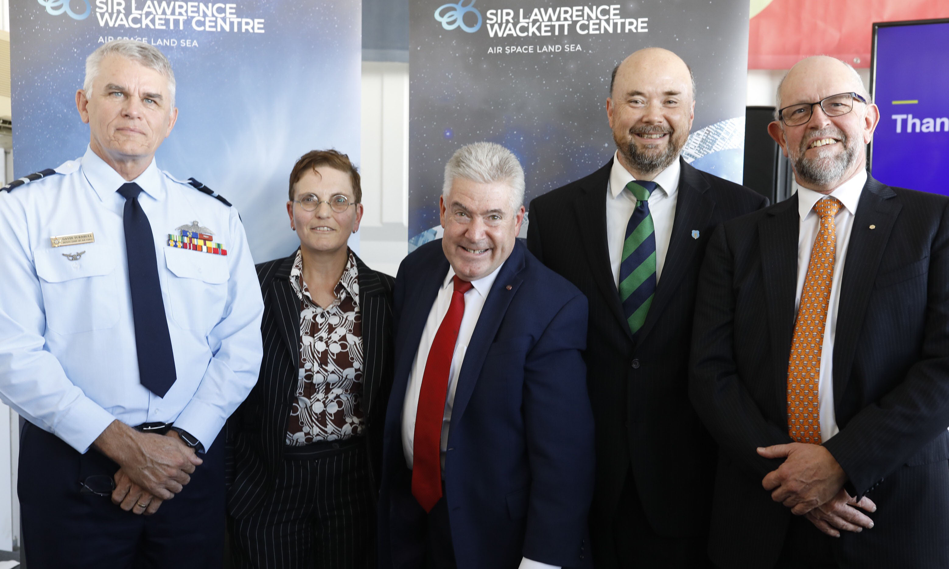 L to R Royal Australian Airforce Air Vice-Marshal Gavin Turnbull AM; RMIT Director Sir Lawrence Wackett Centre, Professor Michelle Gee; RMIT Vice-Chancellor and President Martin Bean CBE; Acting Chief Defence Scientist Dr Todd Mansell and RMIT Professor Industry Fellow (Defence) Dr Ken Anderson at the launch.