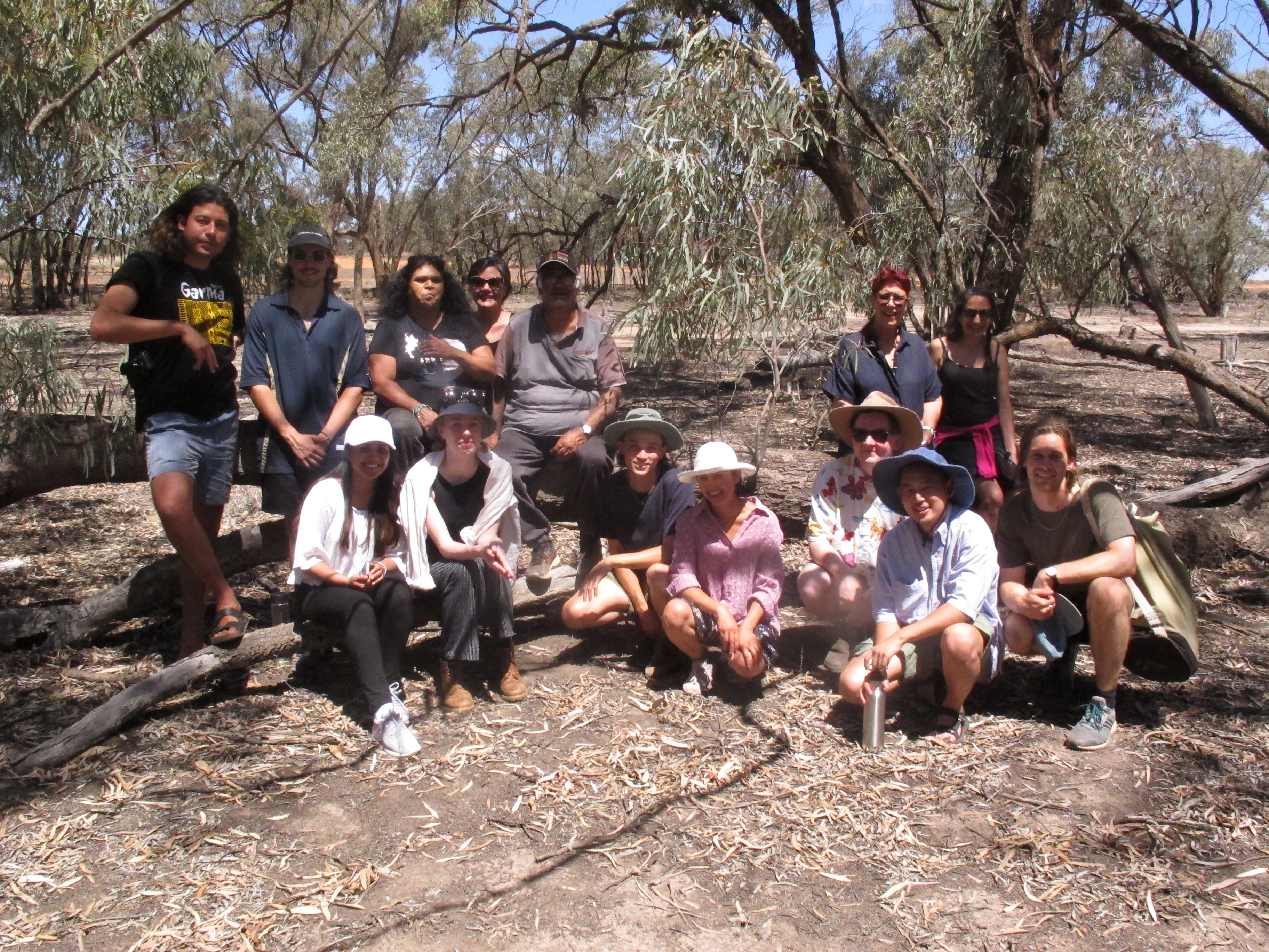 RMIT students and staff at Culpra Milli Aboriginal Corporation during the 2018 trip to Barkandji Country. Students Dylan Findlay (front row, third from left) and Albert Rex (front row, fifth from left) joined Director, Indigenous Policy and Impact Stacey Campton (back row, fourth from left), RMIT elder in residence N'arweet Carolyn Briggs (back row, second from right) and Senior Lecturer, Architecture and Urban Design Christine Phillips (back row, far right). Photo: Jock Gilbert 