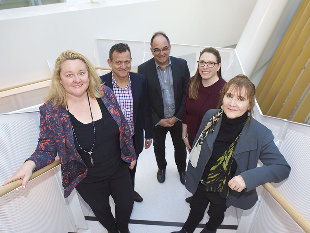 An exciting industry collaboration: Sarah Evans (Telstra Health) with Michael Donnelly (Telstra Health), Professor Lawrence Cavedon (RMIT), Larissa Briedis (Telstra Health) and Professor Irene Hudson (RMIT).