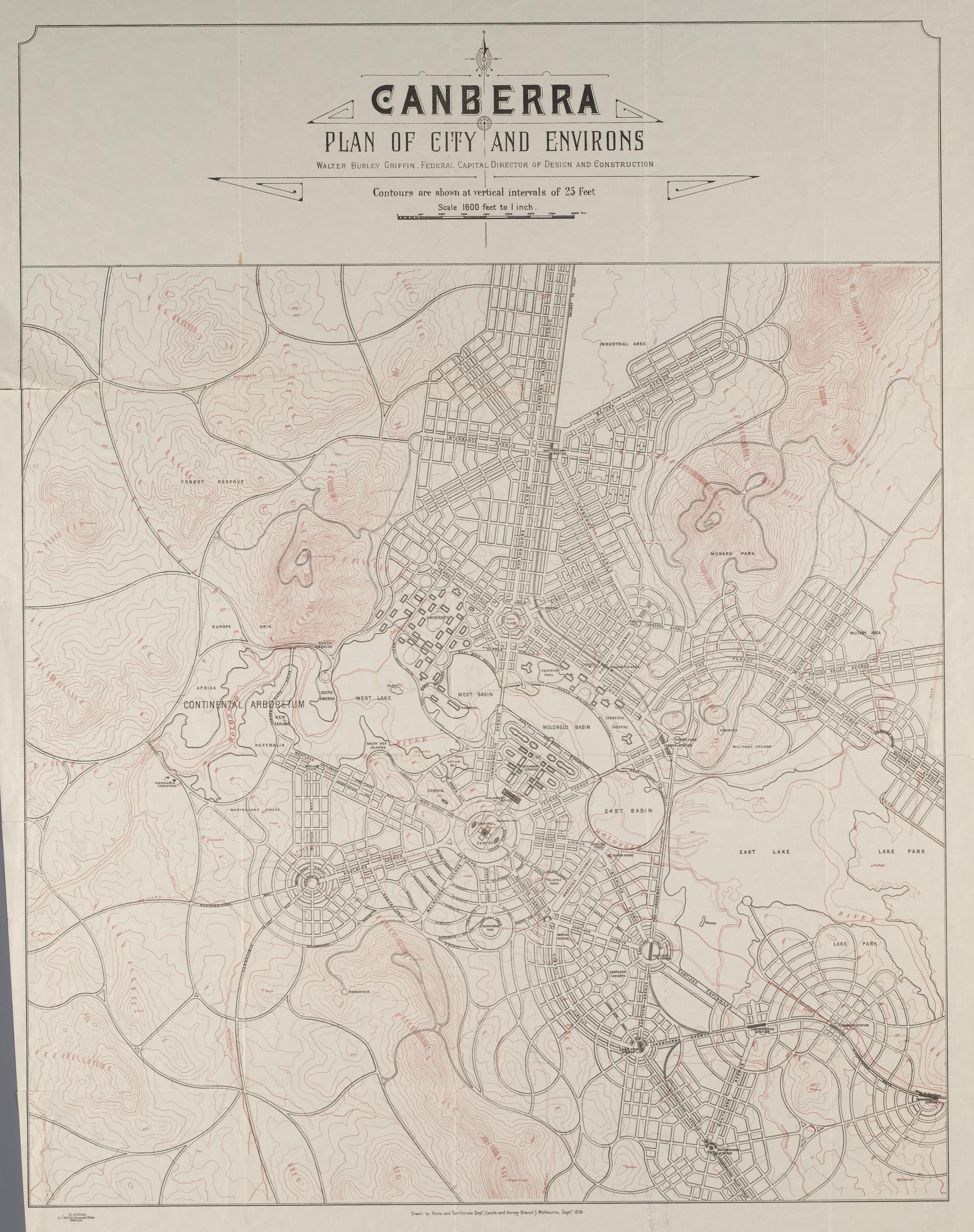 Canberra plan of City and Environs prior to construction by Walter Burley Griffin Federal Capital Director of Design and Construction, September 1918.