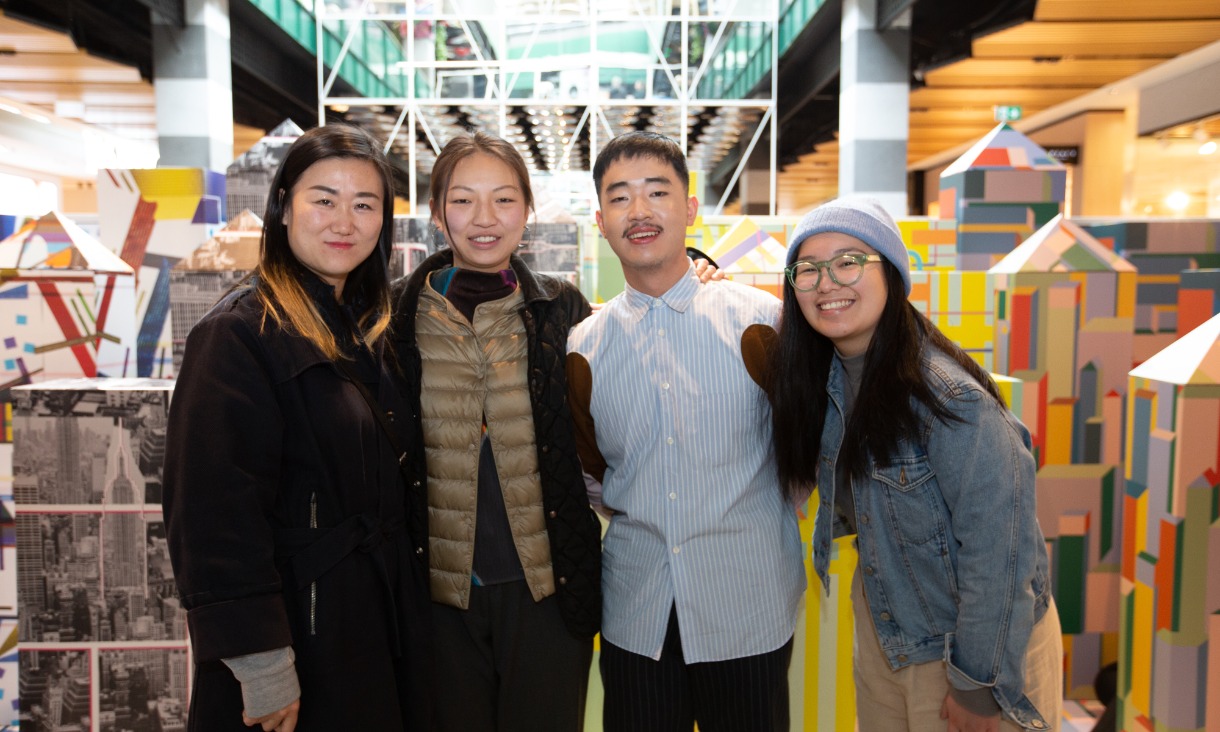 Third year Bachelor of Fashion (Design) (Hons.) students at Melbourne Central with their designs. L-R:Yong Bin Zhang , Jia Jia Cai, Zhouyi Liang and Nicole Esquires