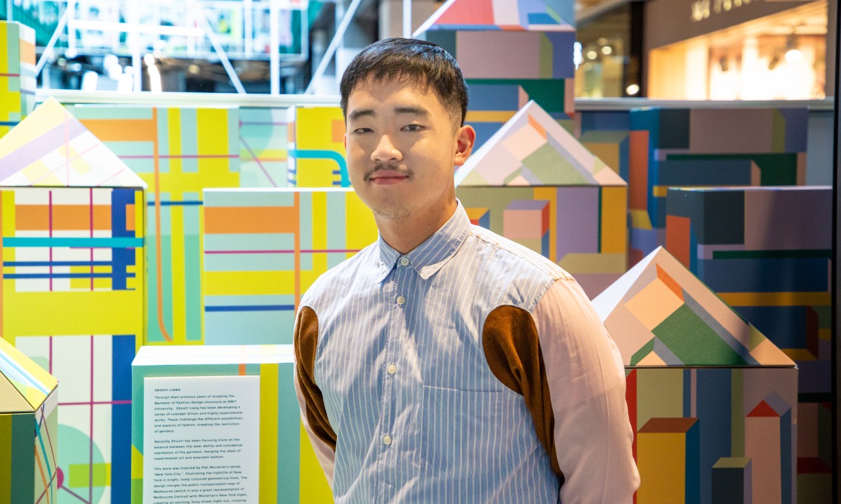Bachelor of Fashion(Design)  (Hons.) student Zhouyi Liang with his NYC-inspired design