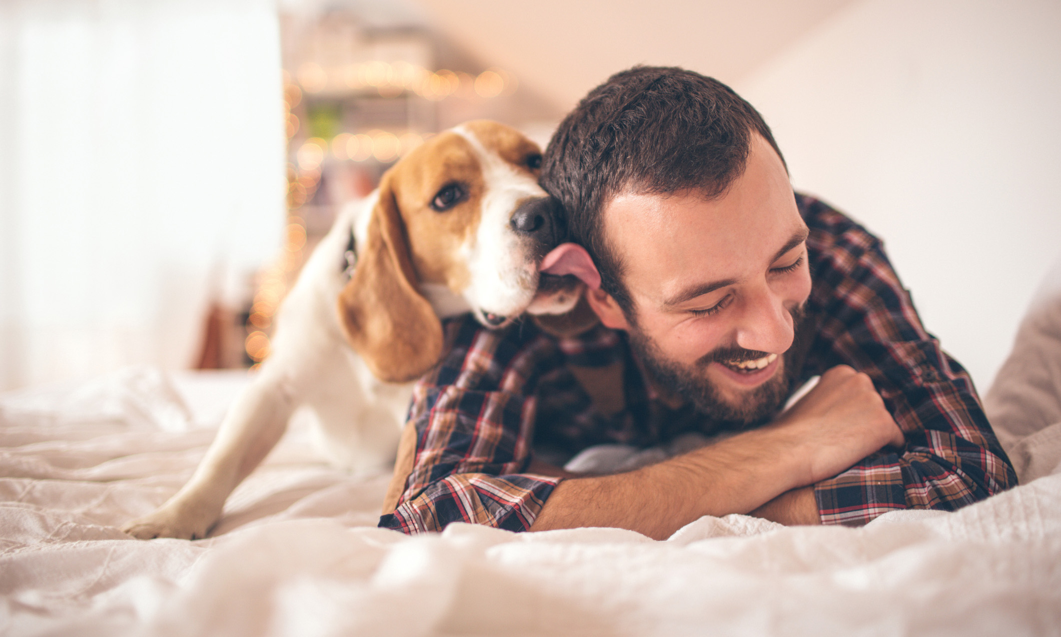 Happy man with a dog licking his face
