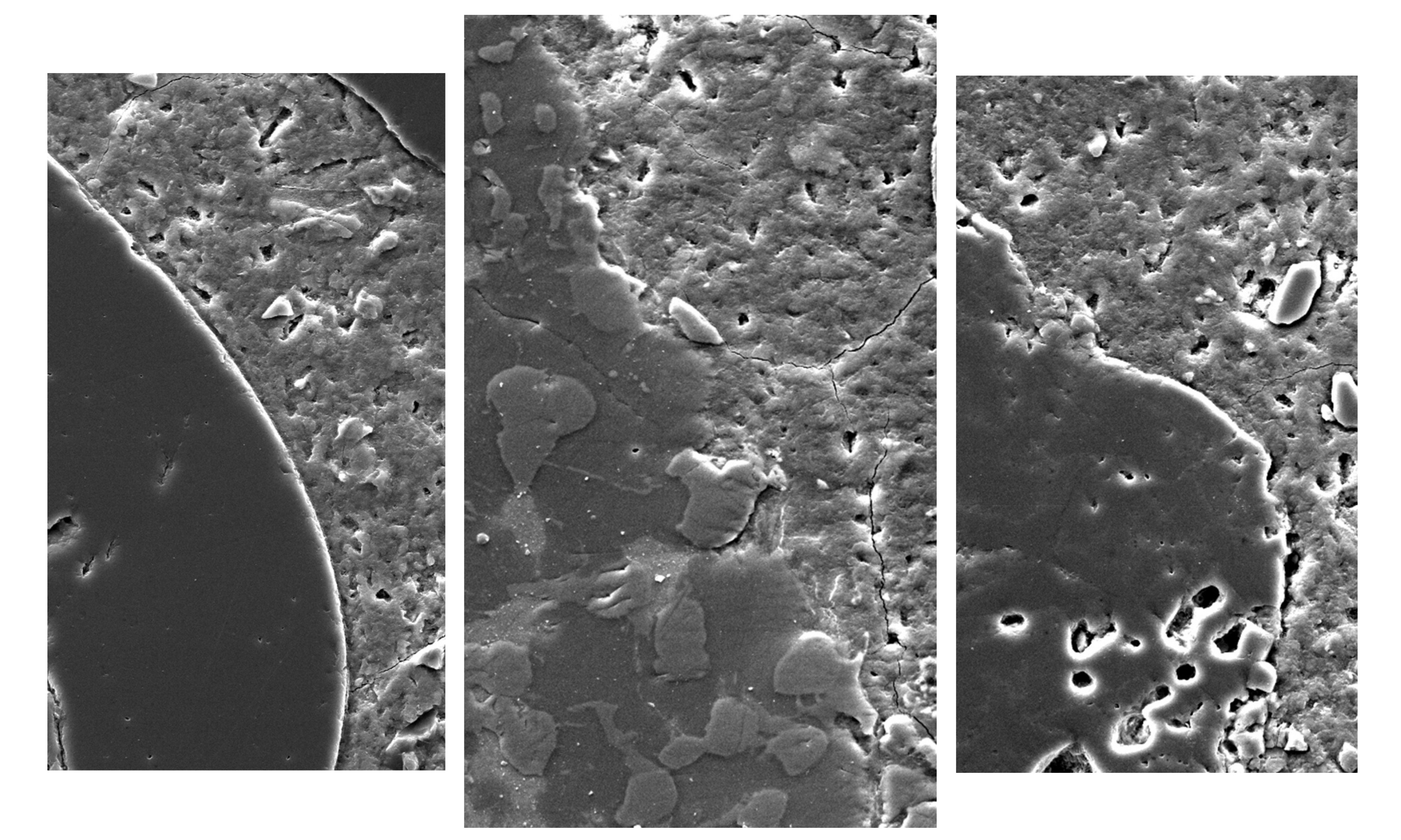Magnified images showing concrete made with treated slag (centre), conventional aggregates (left) and raw slag (right). 