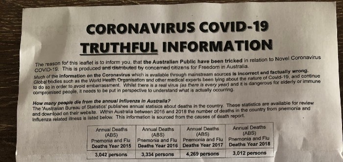 This pamphlet, delivered to a mailbox in Melbourne, contains numerous misleading claims about COVID-19. (RMIT ABC Fact Check Supplied)
