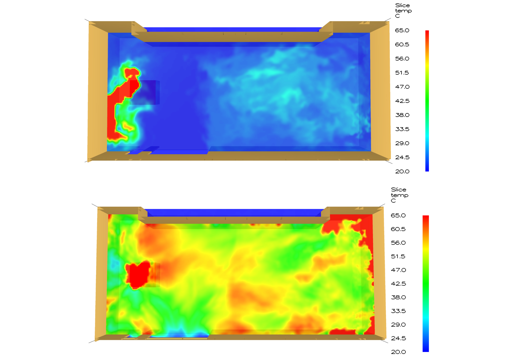 Modelling shows temperature at 16 minutes with a solar chimney (top) and at 3 minutes without a solar chimney (bottom).