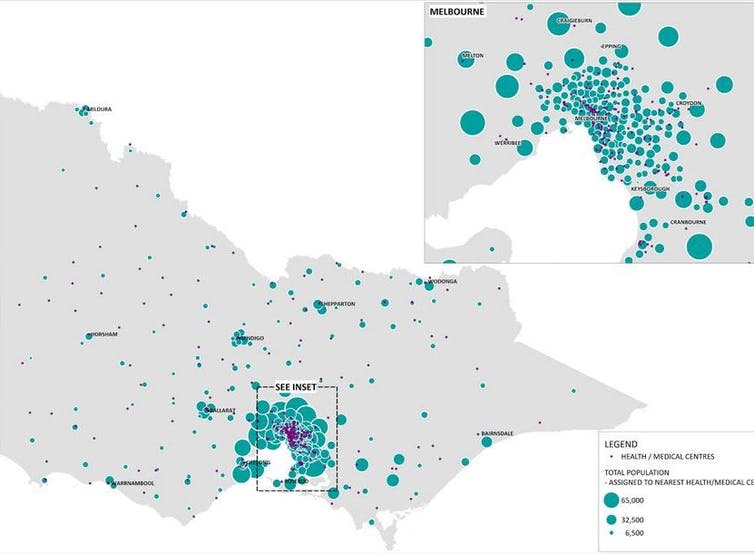 This map shows the location and capacity of the 325 medical centres in Victoria, using data from Victoria’s health department.