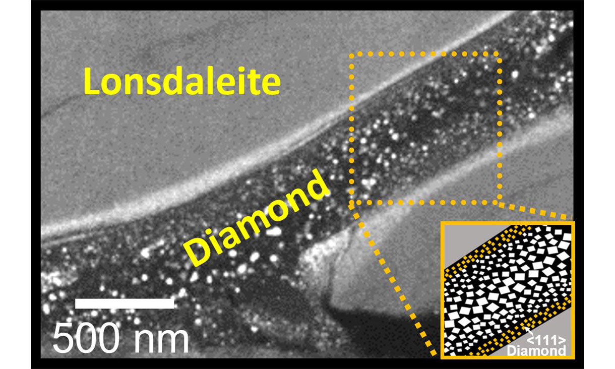Microscope image showing regular diamonds formed within a vein of Lonsdaleitie.