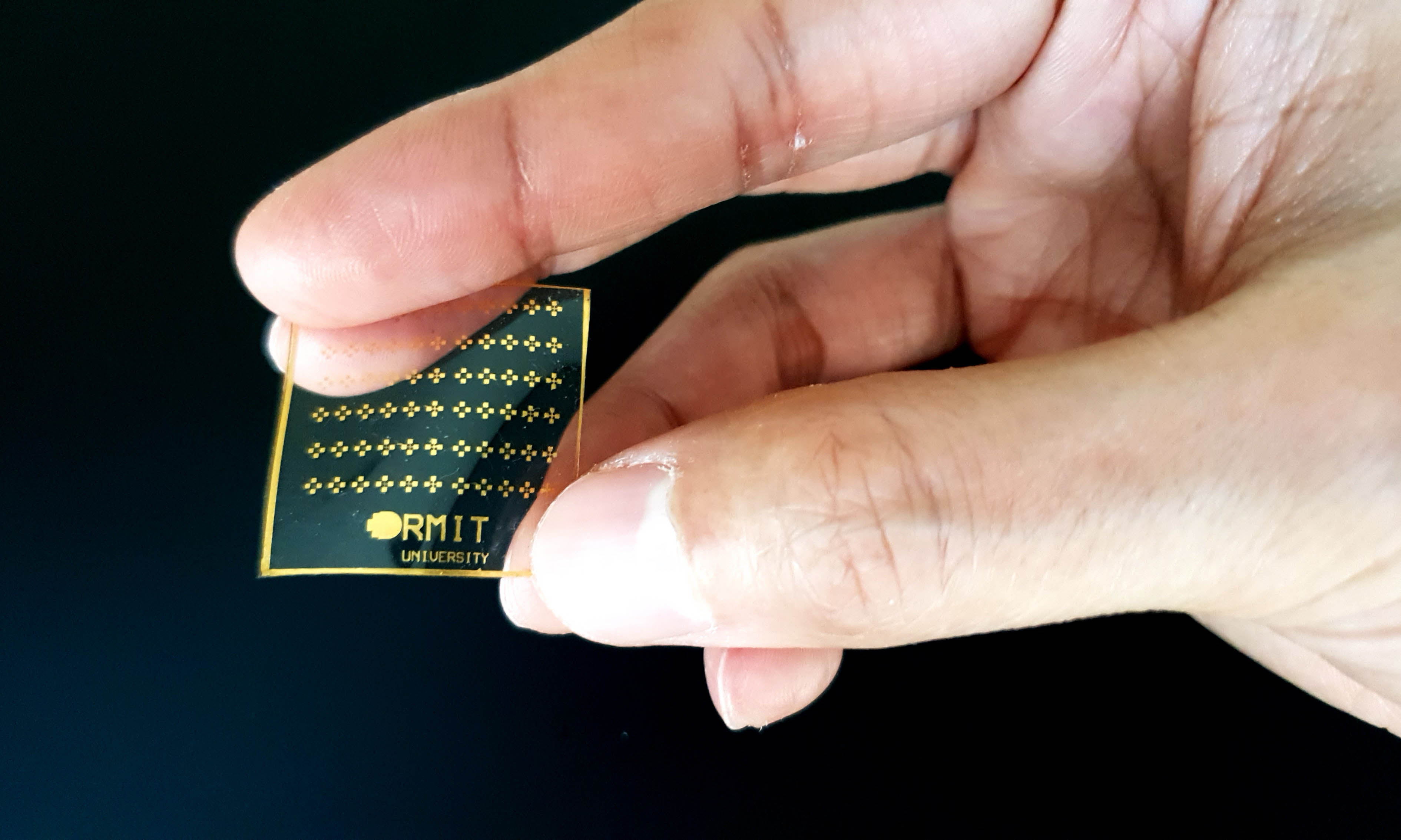 The skin-like sensing prototype device, made with stretchable electronics.