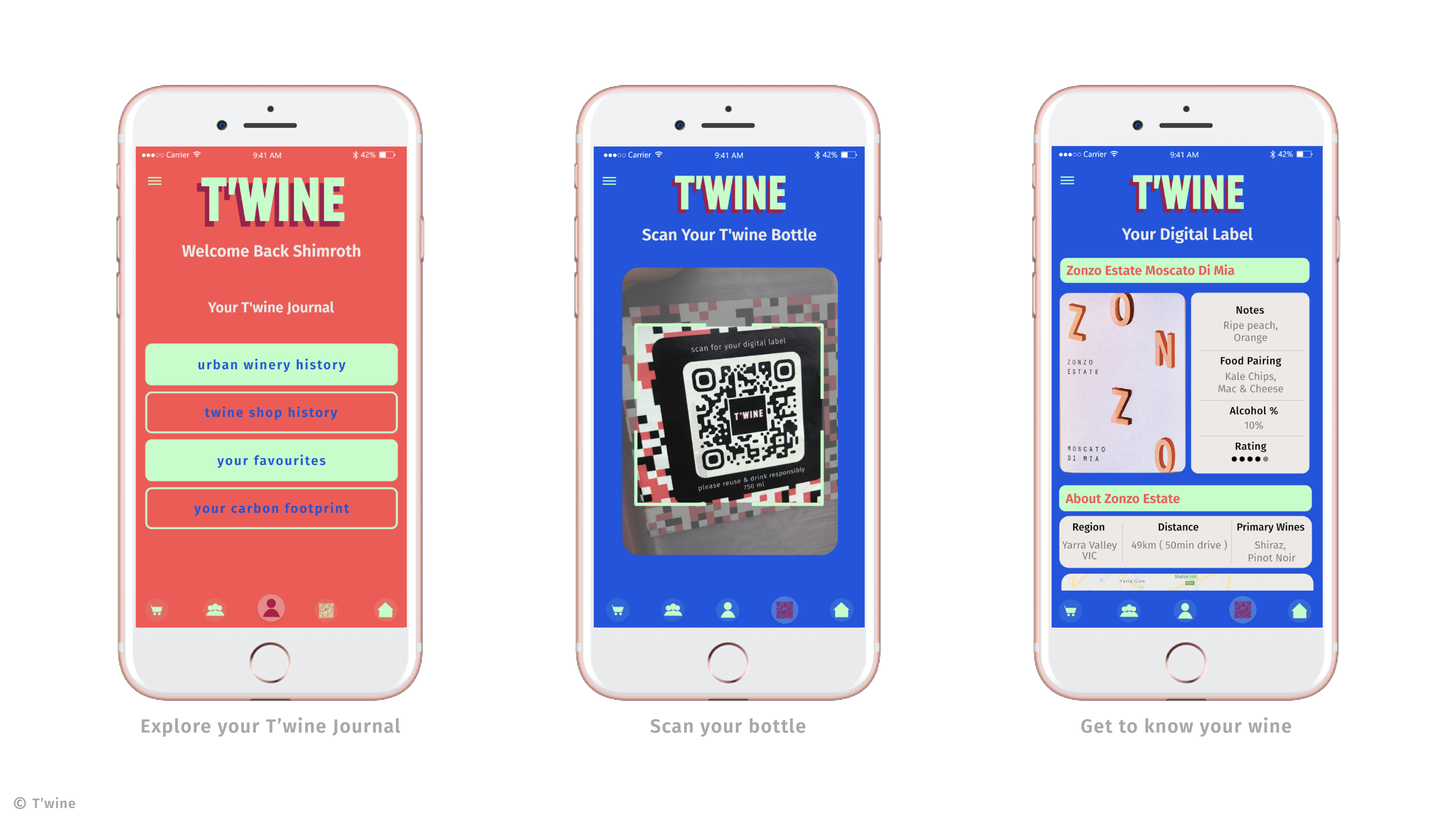 T’Wine app: The app manages purchases and reveals the digital label, which dynamically changes upon refill.