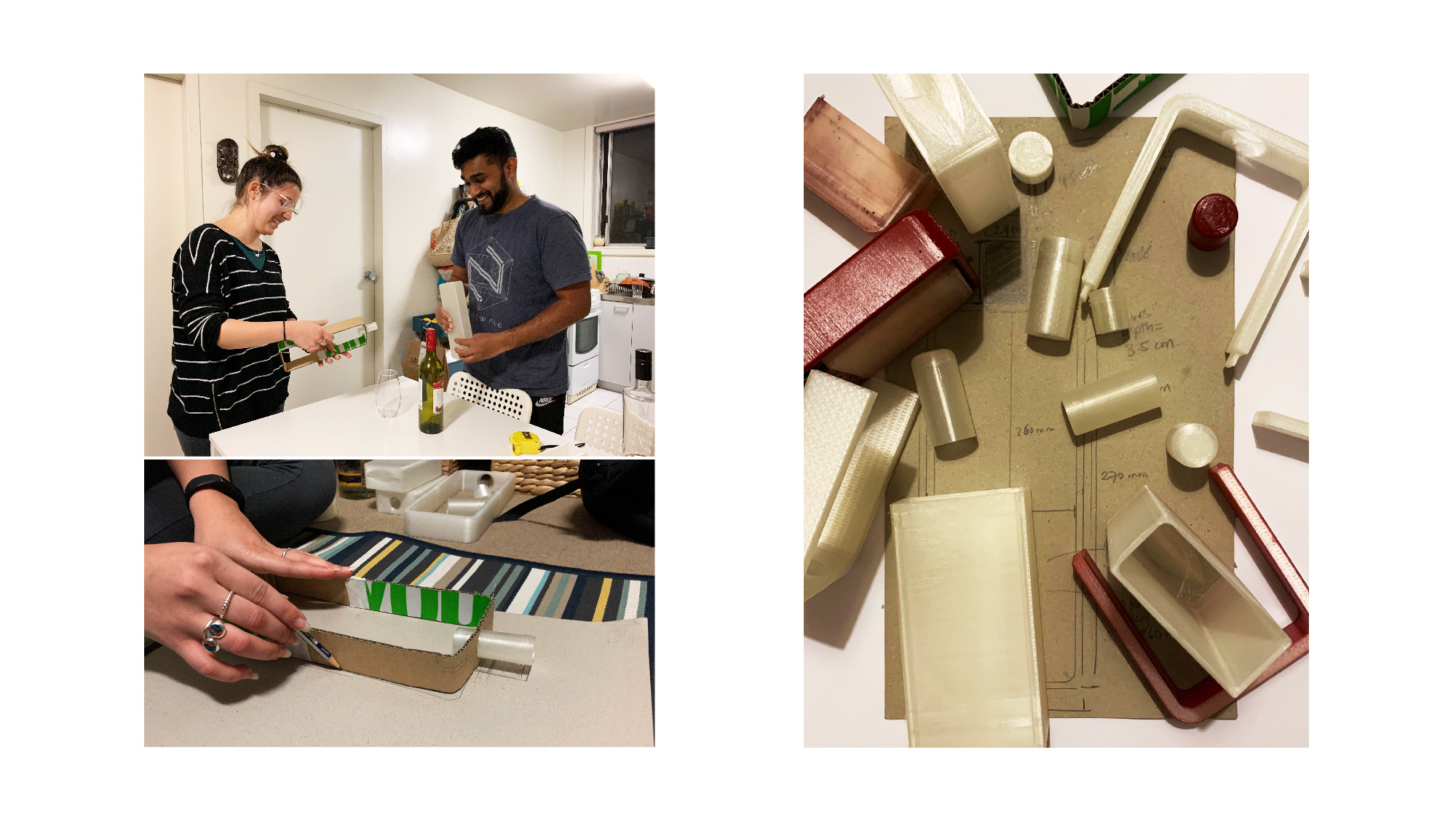 Design process involved moving between full-size drawings, cardboard prototypes, and 3D prints.