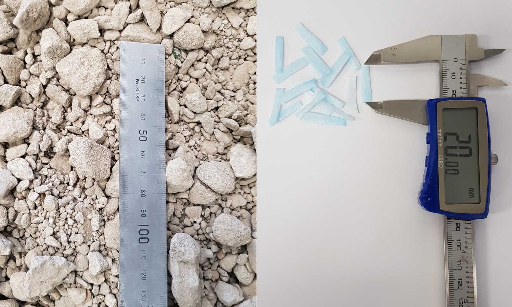 Recycled concrete aggregate (left) and small strips of shredded disposable face masks (right)