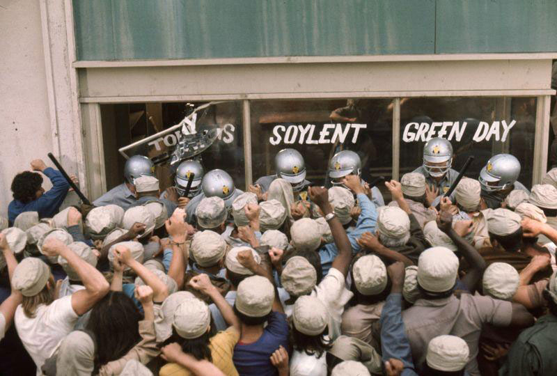 Still of the dystopian film, Soylent Green.