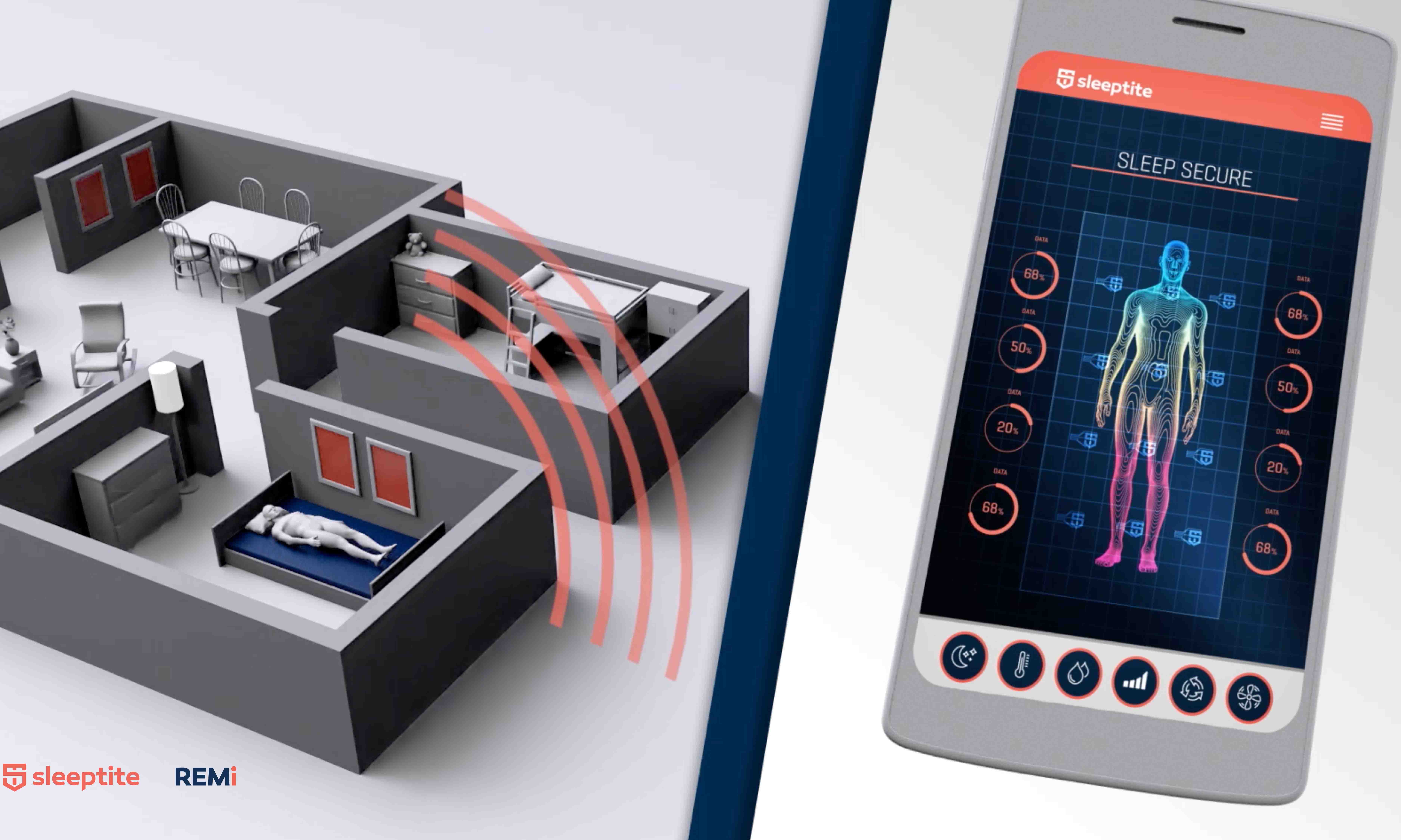A graphic of a bed with sensors sending data to a mobile phone.