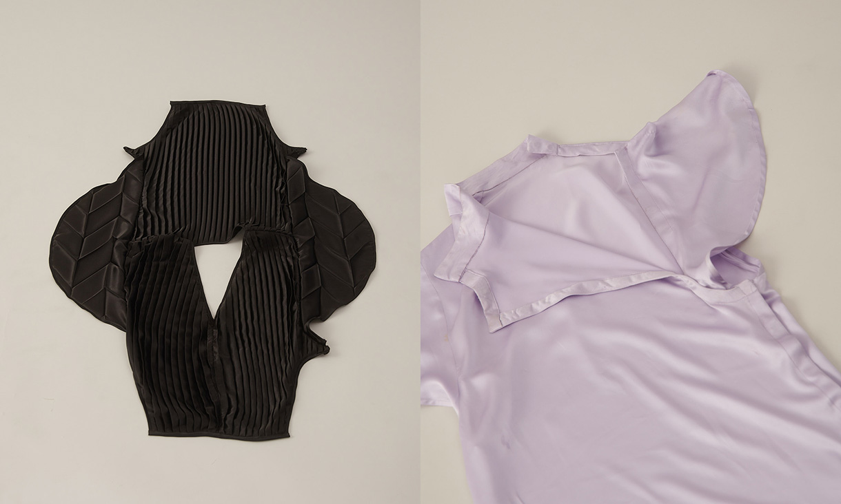 Two designs from Rachel's collection lay flat against a white background. The one on the left is a black top and the one on the right is a purple top.