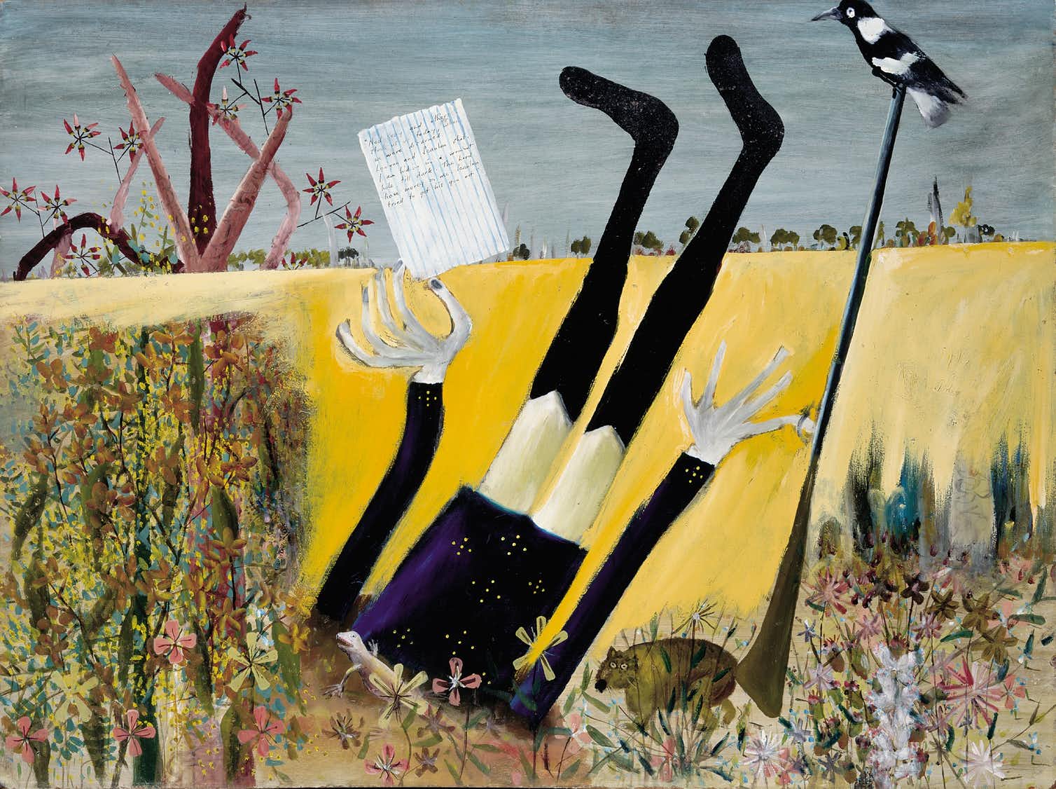 Sidney Nolan Policeman in a Wombat Hole 1946. Enamel on fibre board 91.8 x 122.3 cm. Canberra Museum and Gallery, Canberra. Gift of the artist to the people of Australia 1974. © Canberra Museum and Gallery