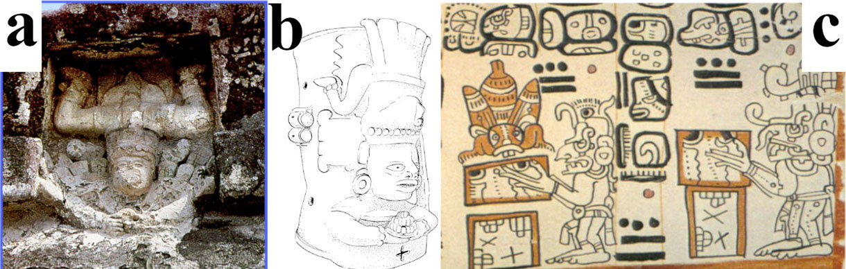 Three images depicting stingless bees in Mayan culture.