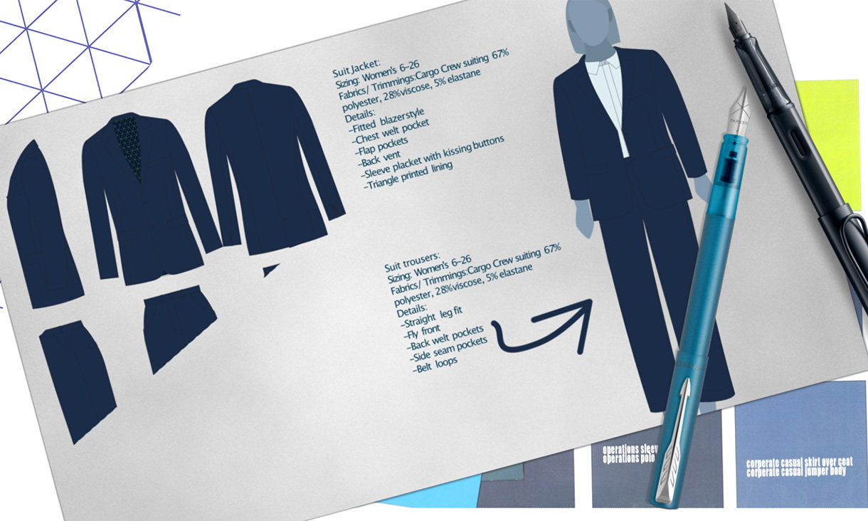 Blueprint of uniform design with graphic of suit jacket and trousers