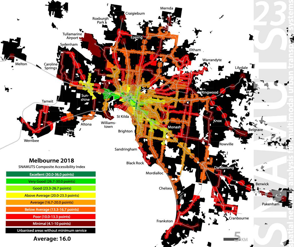 Melbourne’s public transport accessibility. Spatial Network Analysis for Multimodal Urban Transport Systems, via http://www.snamuts.com/melbourne-2018.html, CC BY