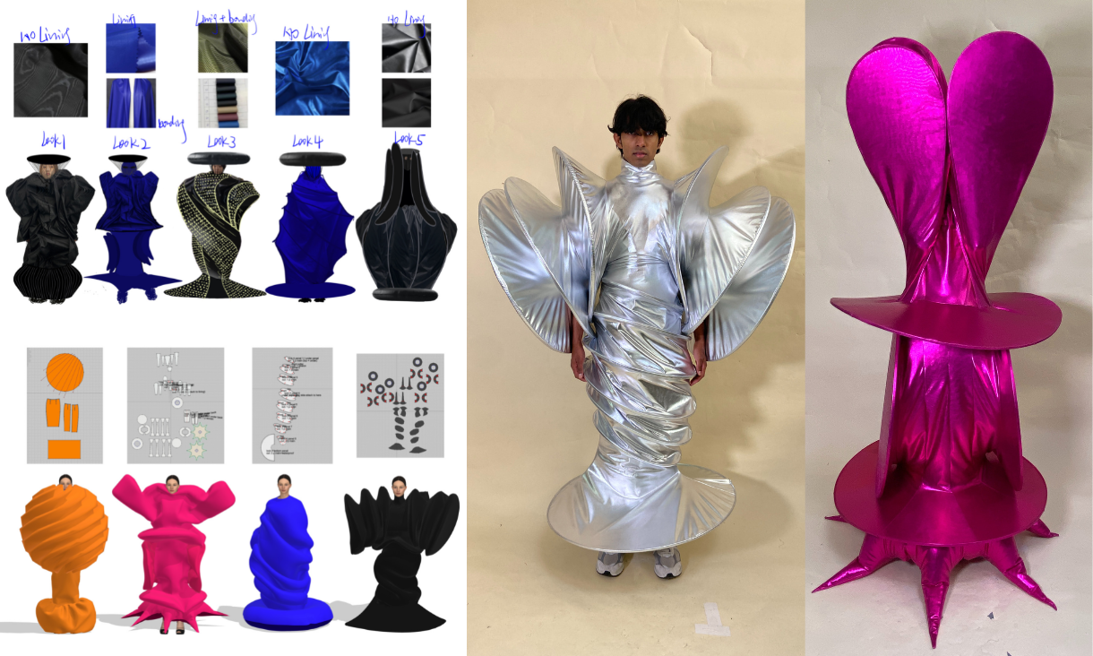 Various pre-production sketches of Yiwei Ju’s collection ‘Portable Space’ alongside two of her final pieces.