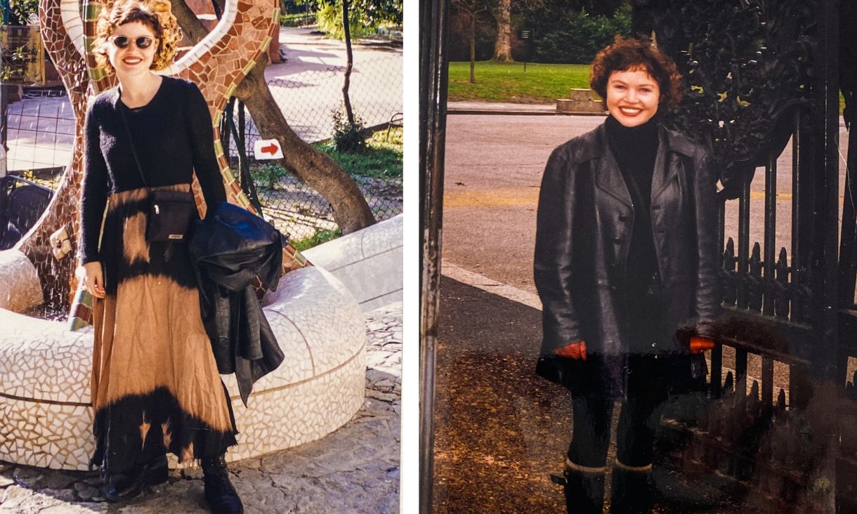 2 images of Cathryn Wills from the 1990s, left standing in front of a statue and right standing in front of a gate