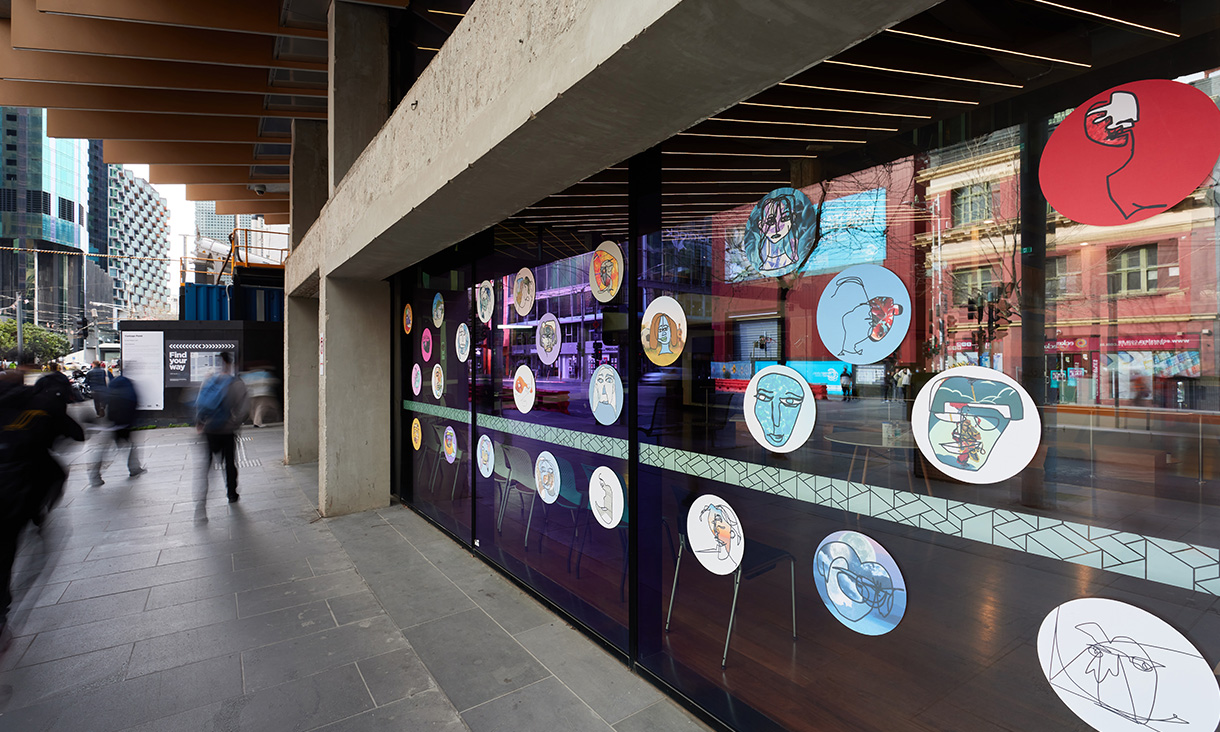 [Photo 01-01 Installation view of RMIT Equity Outreach project at RMIT Media Precinct, Swanston St]  