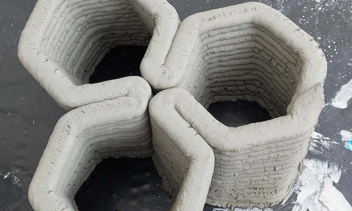 A hexagonal 3D printed concrete structure.